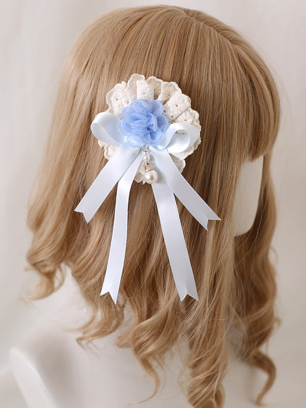Elegant With Lolita Charm Floral Hairclip Bead Blue Sweet Flower And