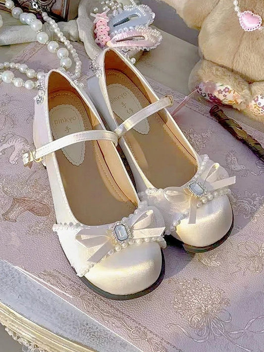 4cm Heeled Decorations Lolita Adornments Beige Janes Sweet Beaded with Rhinestone Mary Chain