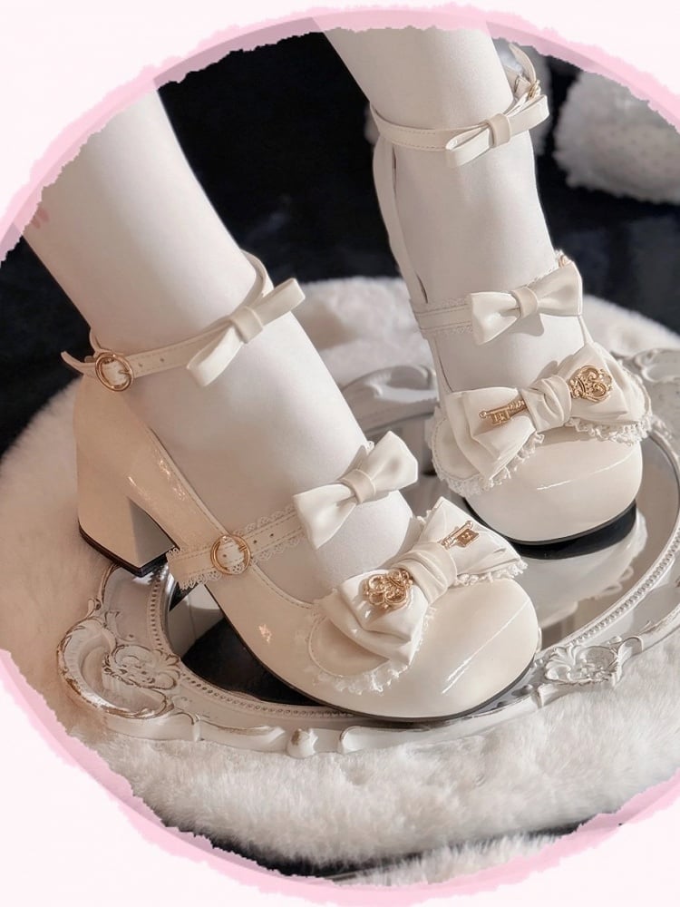 5 Colors Silk Shimmer Lolita Shoes 5cm Heel with Lace Trim Bow and Gold Key Details - Guligul