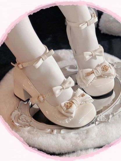 5 Colors Silk Shimmer Lolita Shoes 5cm Heel with Lace Trim Bow and Gold Key Details - Guligul