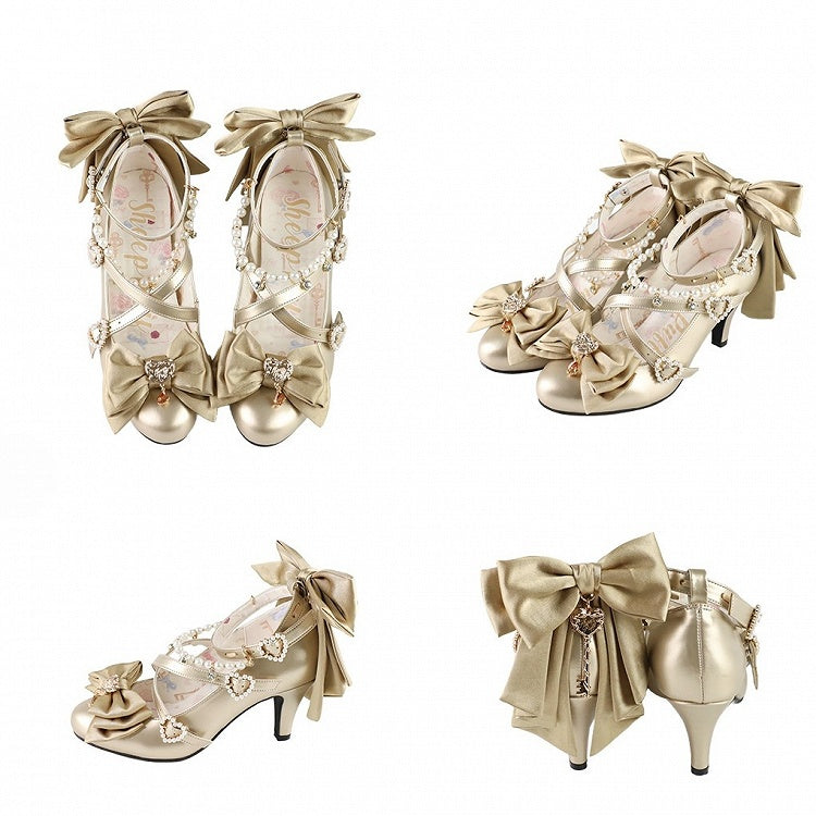 Gold Heart at Top Bow Charm Design Crisscross Beaded Decorated