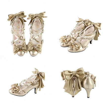 Gold Heart at Top Bow Charm Design Crisscross Beaded Decorated