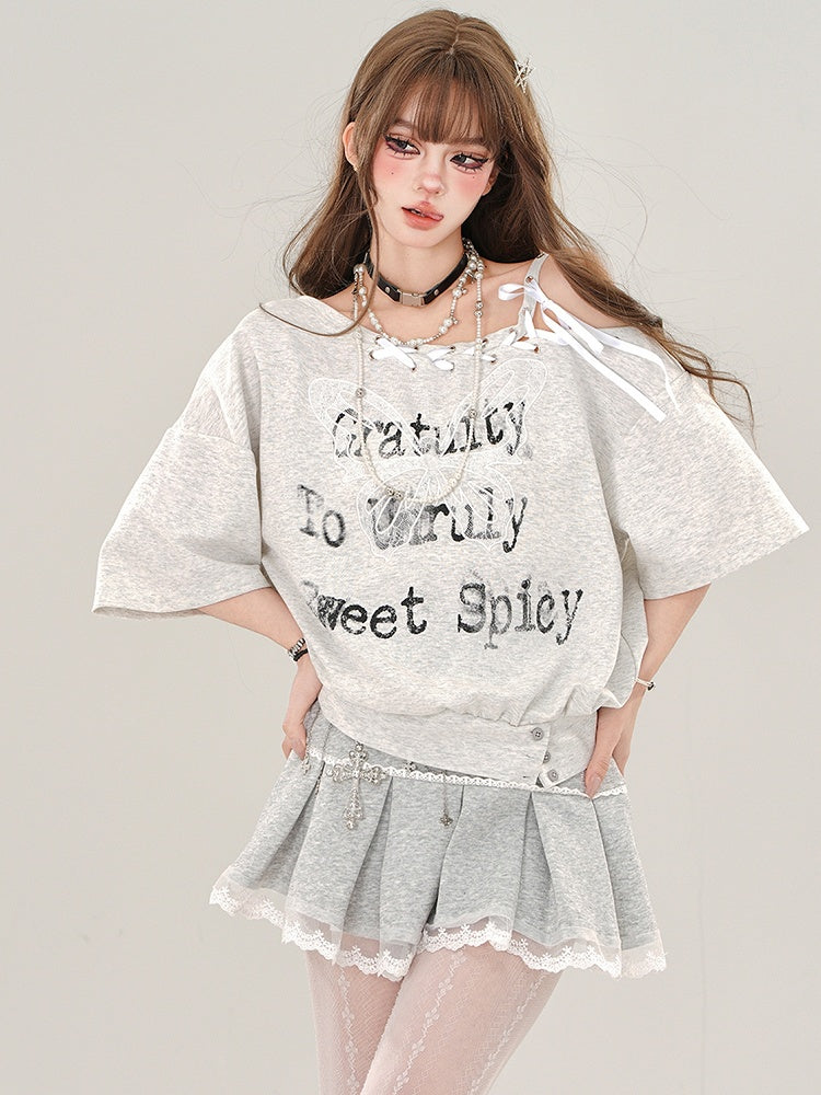 Graues Oberteil mit Buchstabenausschnitt an den Schultern und Schnürung am Ausschnitt