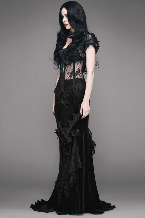 Black Rose Embossed Gothic Velvet Long Fishtail Skirt for Women