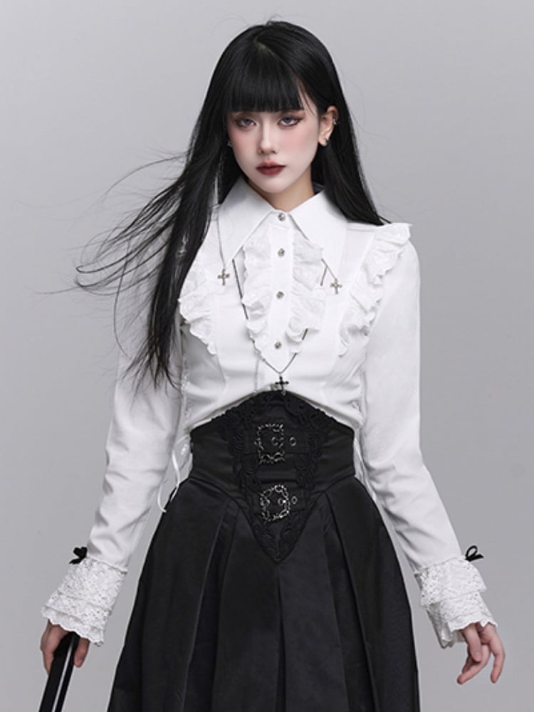 White Placket Waist Ruffled Adjustable Lace-up Goth with Blouse Victorian