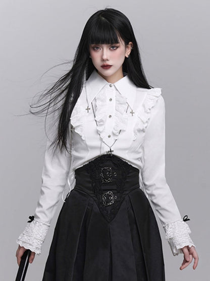 White Placket Waist Ruffled Adjustable Lace-up Goth with Blouse Victorian