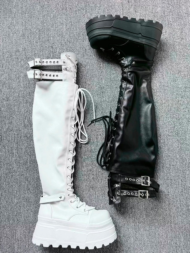 Boots Strap Matte White Y2K Thigh-high Platform Details Star Punk