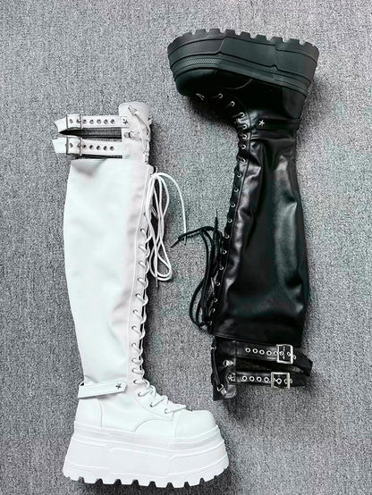 Boots Strap Matte White Y2K Thigh-high Platform Details Star Punk