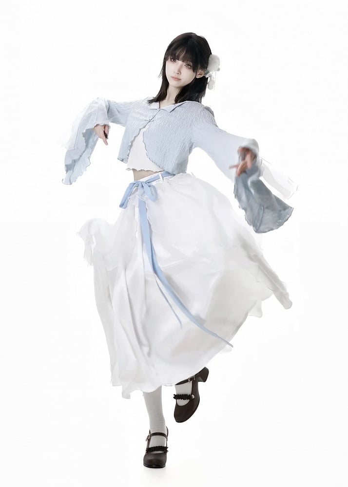 フリートップノットチャイナドレススタイルクロップドキャミソールボタンベ​​ルスリーブブルーカーディガン