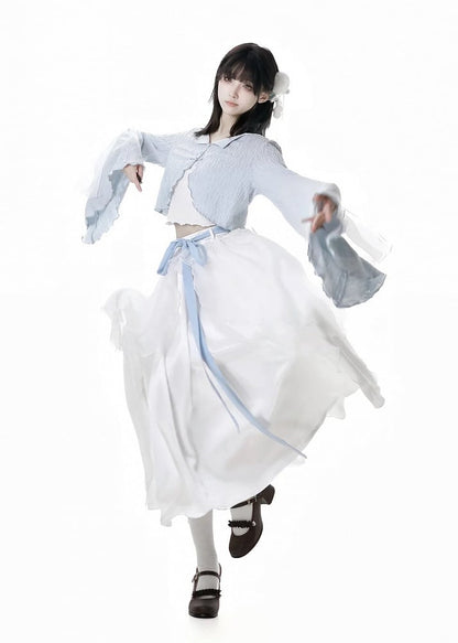 フリートップノットチャイナドレススタイルクロップドキャミソールボタンベ​​ルスリーブブルーカーディガン