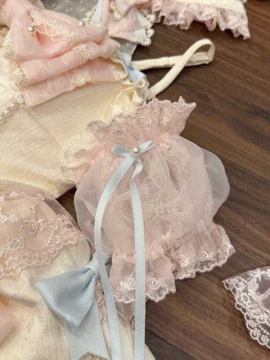 Blue Accent Sleeves Pink Tulle Puff Ribbon Bow with