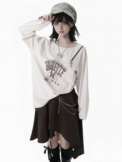 Split-Hem Top White Accent with Cross Zipper