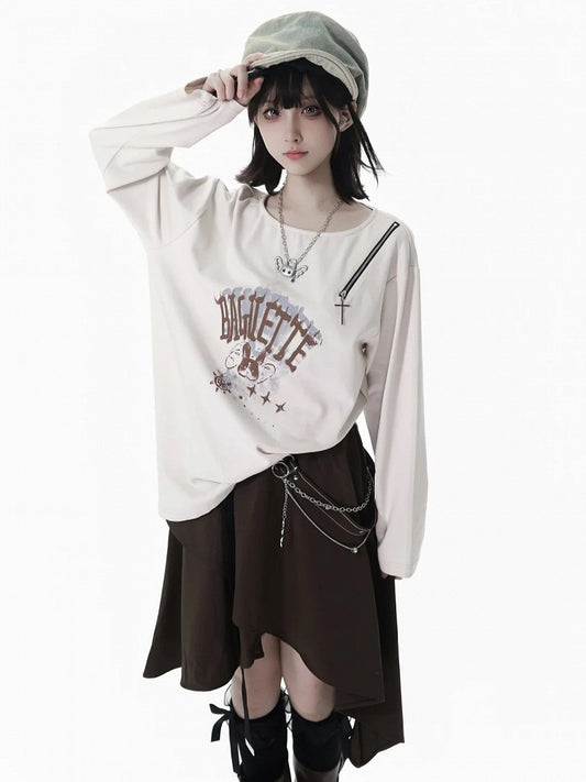 Split-Hem Top White Accent with Cross Zipper