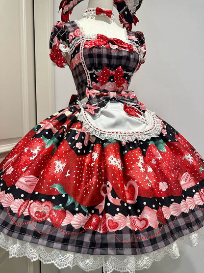 XXL-Büstenschürze mit Karomuster für 96–111 cm, Muster: Schwarz, Erdbeere, süßes Kleid, Ausverkaufsgröße, Sommer und Lolita