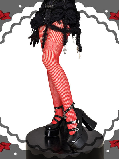 Red / Purple / Black / White Asymmetrical Cutout Fishnet Tights