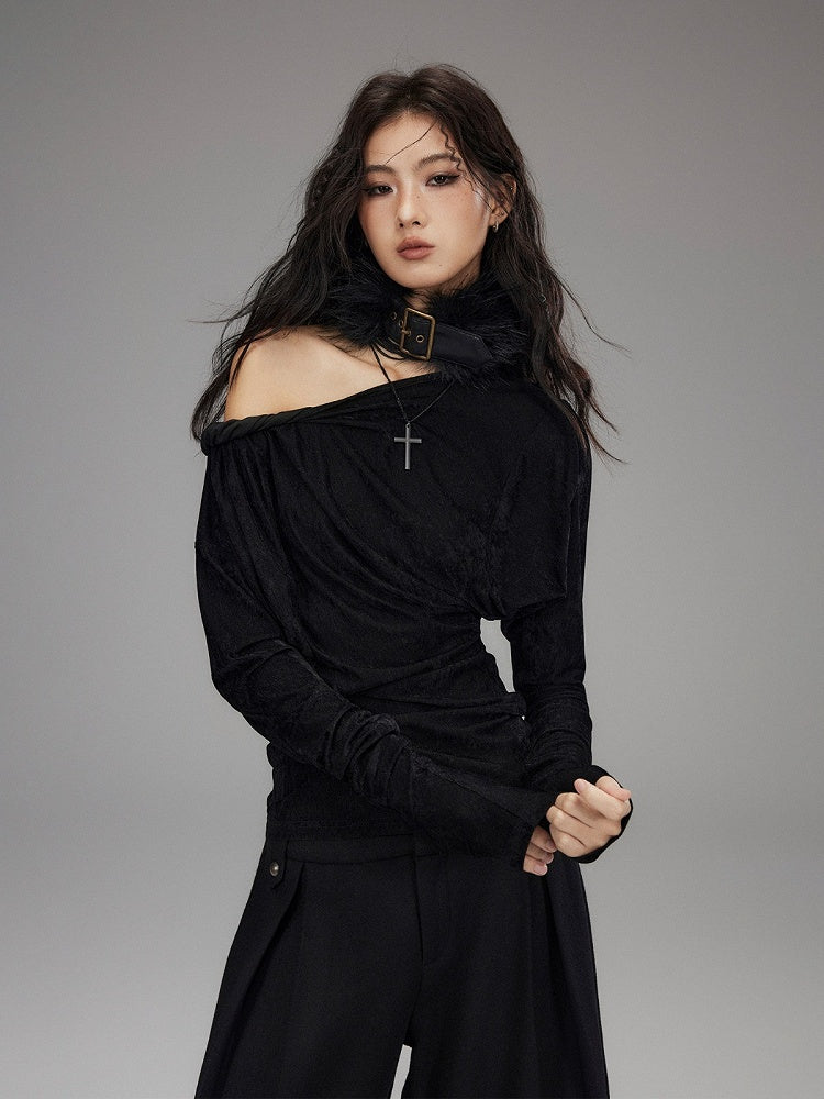 Black Velvet Asymmetrical Cutout Shoulder T-Shirt - Low pixel