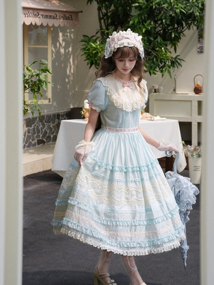 Mint Green Puff Sleeve Lace Trim Elegant Lolita Gown - Pumpkin Planet