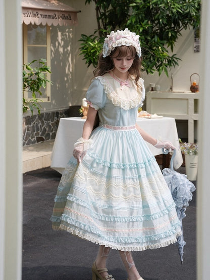 Mint Green Puff Sleeve Lace Trim Elegant Lolita Gown - Pumpkin Planet