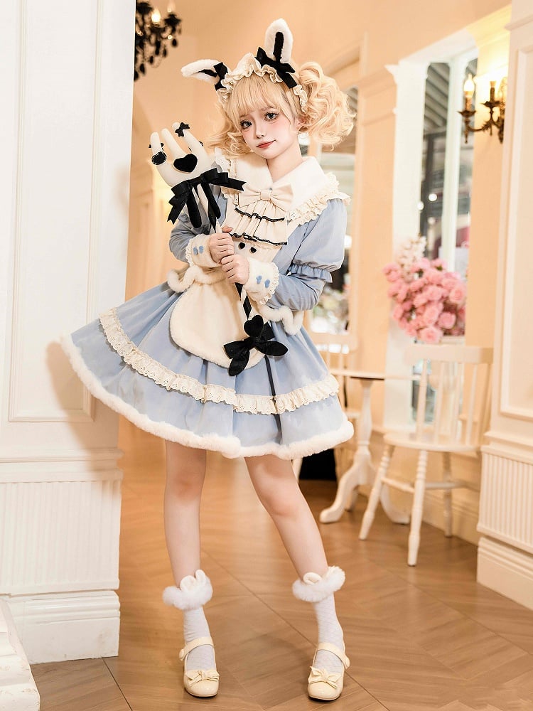 Ensemble complet Alice Blue à manches longues, col et poignets en peluche, Sweet Lolita OP