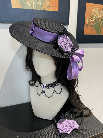 Rose Accessory Set: Hat, Hairband, Choker, Brooch, Multiple Colors - Sheer Ocean