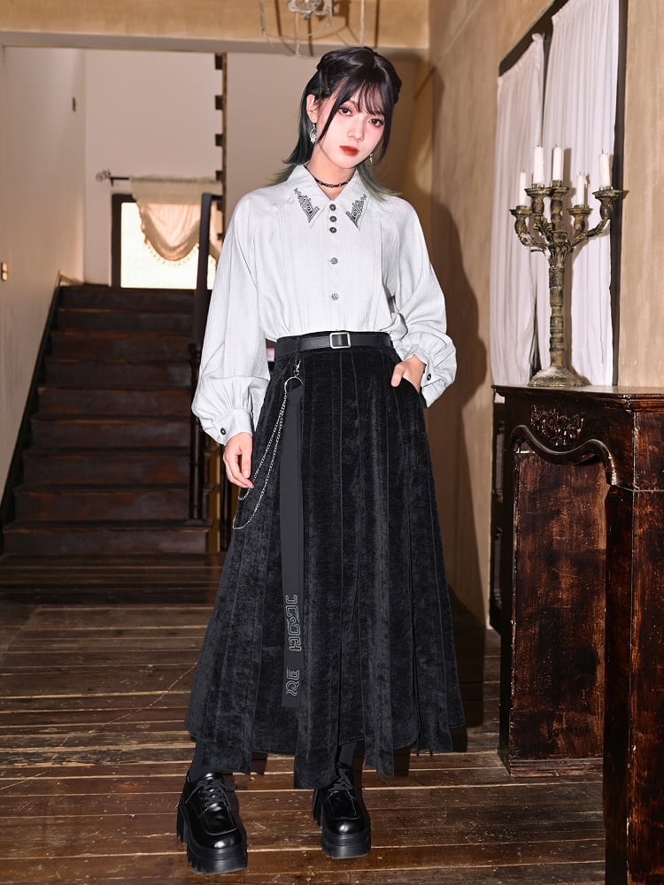 Bronze Skirt Maxi Ribbon + Patchwork Chain Detachable Iregular Hem Waist Black Cheongsam with Embroidered