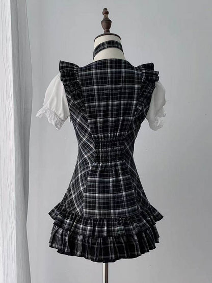 Black Plaid Square Neck Puff Sleeve Low-Waist Dress and Shorts Set - Ekomi