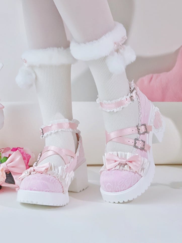 Sophisticated Sakura Pink Lolita Shoes - Sparkling Buckle Design with Back Detachable Bow & Ruffles Trim