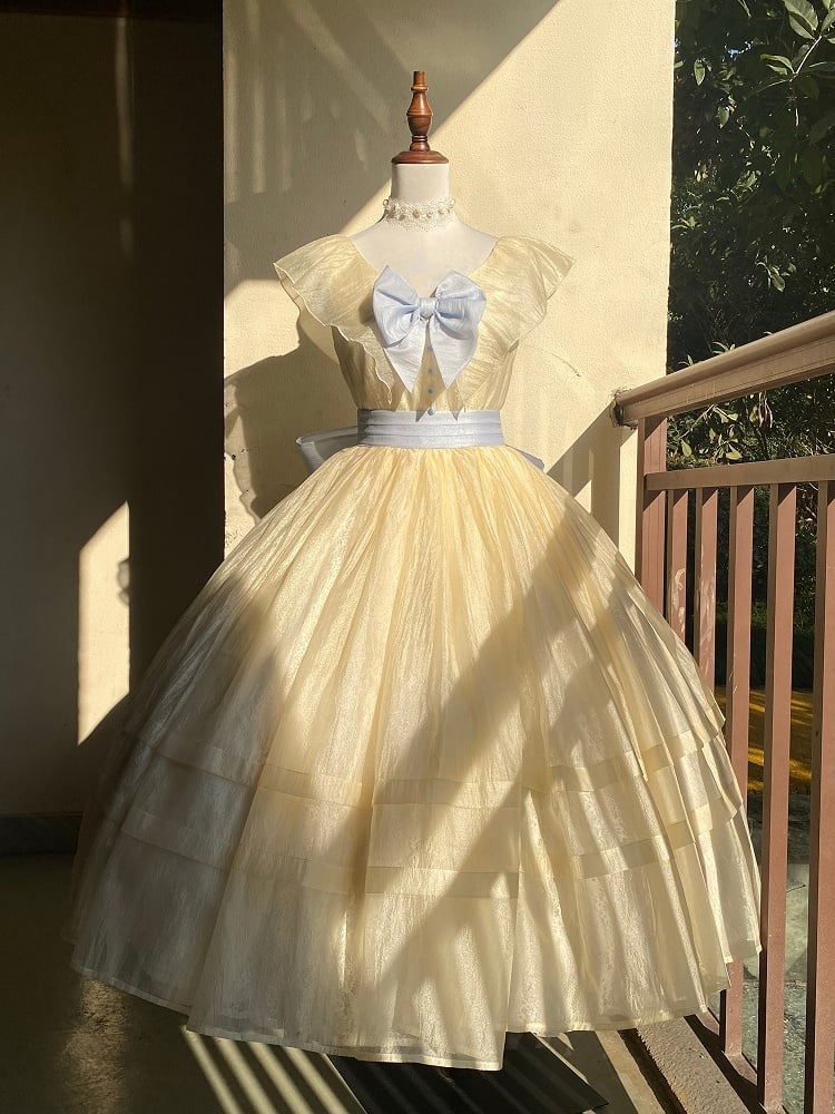 Lolita V-neck Blue Belle with Yellow Princess Detachable Dress Bows