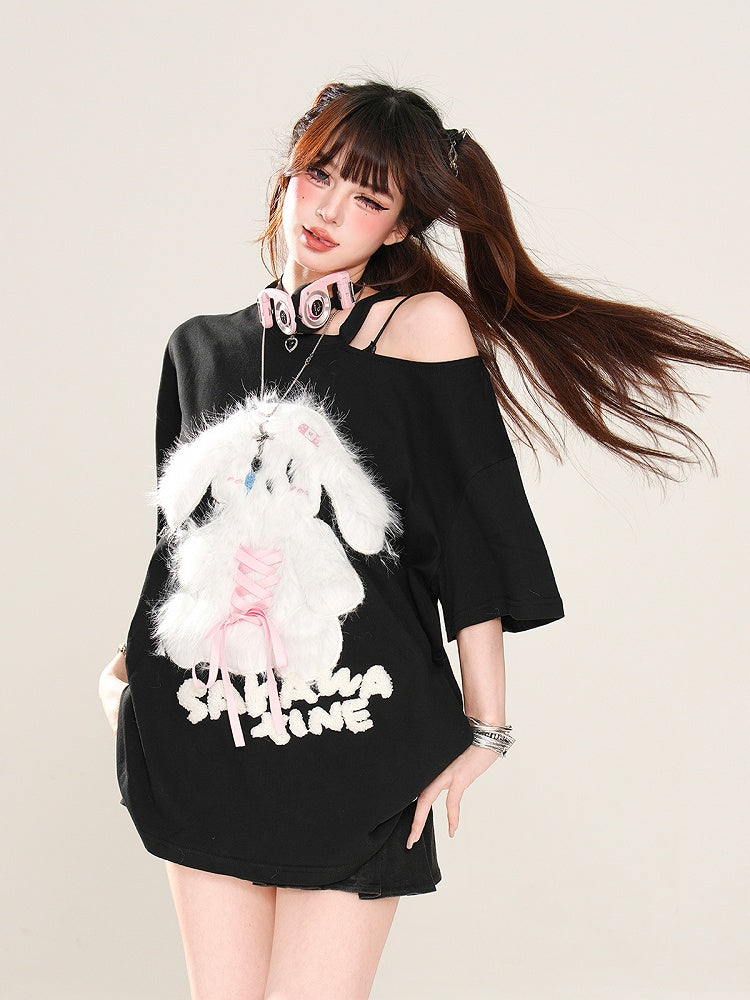Plush Bunny Applique Criss-cross Design Cutout Shoulder Pink/Blue/Black Loose T-Shirt