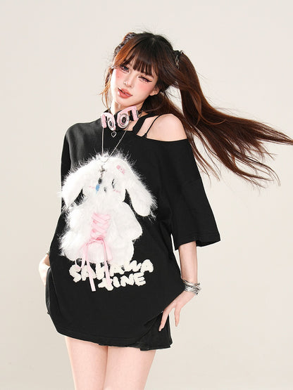 Plush Bunny Applique Criss-cross Design Cutout Shoulder Pink/Blue/Black Loose T-Shirt