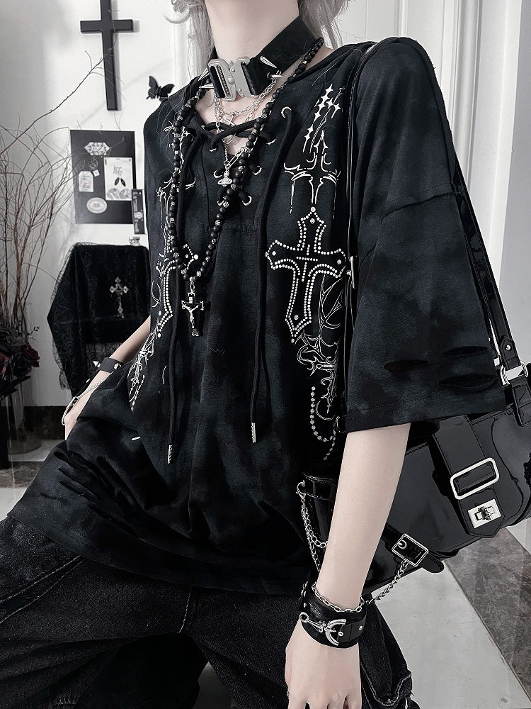 Devil Sleeve Gothic BlackGray Print Hoodiewith Horn HoodCross Short Tie-Dye