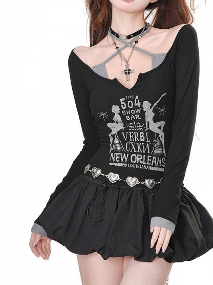 Zweiteiliges Neckholder-Top mit Fake-Letters in Apricot/Schwarz