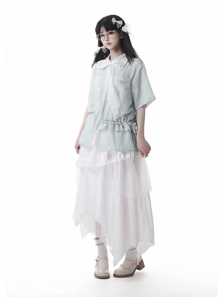 Bowknot Embroidery Short Sleeves Shirt Light Green Drawstring Waist Allover