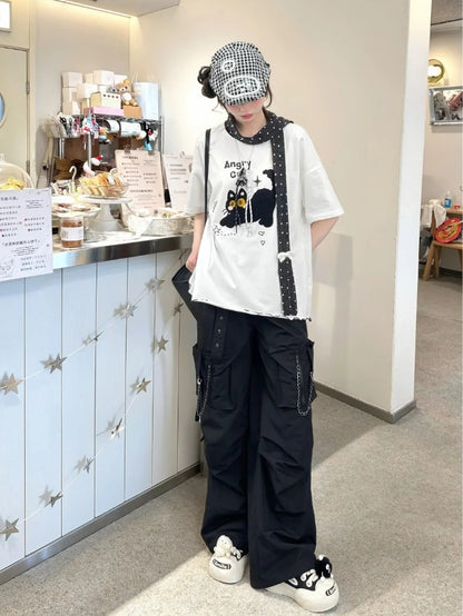 ホワイト/ベージュ 猫柄 レタス裾Tシャツ