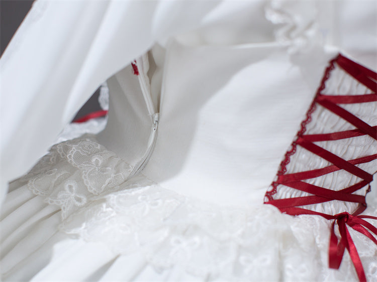 Weiß und Weinrot Schnürung Schleife Akzente Spitzenbesatz Süßes Prinzessinnenkleid Lolita Pulloverrock