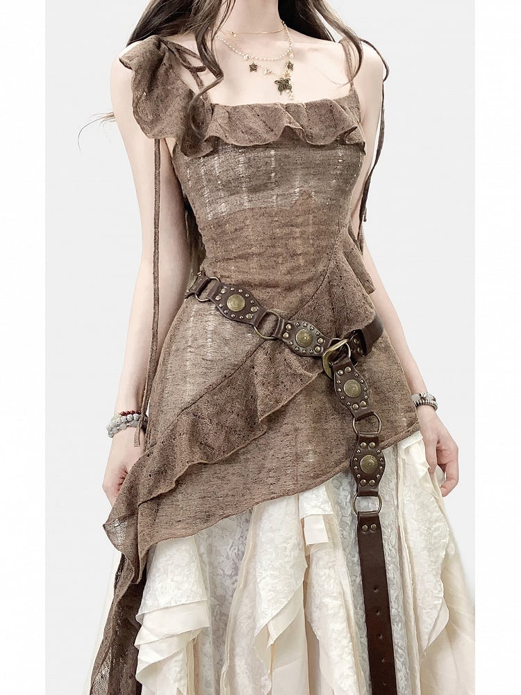 Glockenärmel Saum Weiß Millard Braun + Cardigan Fashion Kleid Asymmetrischer Cami Rock