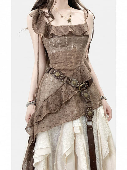 Glockenärmel Saum Weiß Millard Braun + Cardigan Fashion Kleid Asymmetrischer Cami Rock