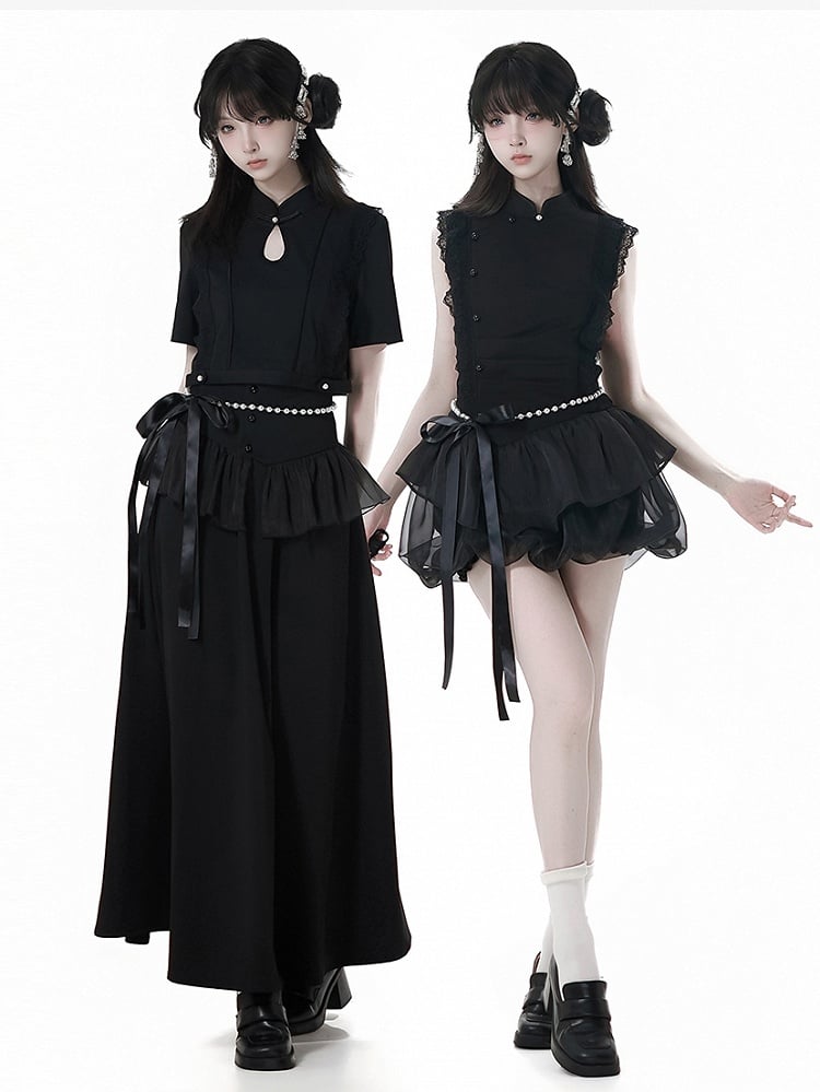 Schwarzes Cheongsam-Taillenketten-Korsett-Gürtel-Set, freier Stil, langer Rock mit Volant-Perlensaum