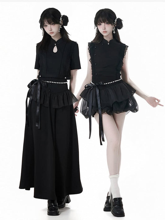 Schwarzes Cheongsam-Taillenketten-Korsett-Gürtel-Set, freier Stil, langer Rock mit Volant-Perlensaum