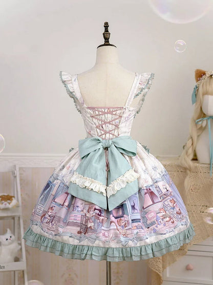 かわいい子猫と緑のリボンのスイートロリータドレス、ひらひらショルダーストラップのジャンパースカート