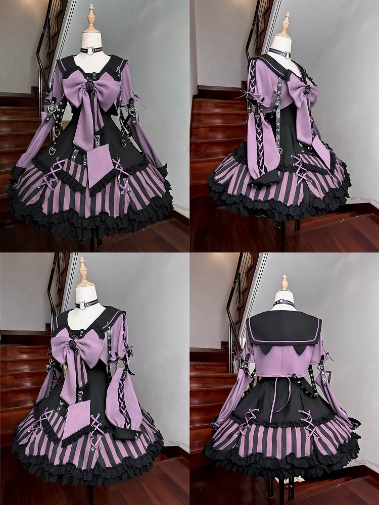 Kitty Gothic Striped + JSK Top Bow and Dress Pattern Ears Black Sailor Collar Lolita Big Purple Cropped