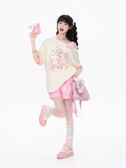 Playful Kitten One-Shoulder Tee Blue/Apricot/WhiteBlack