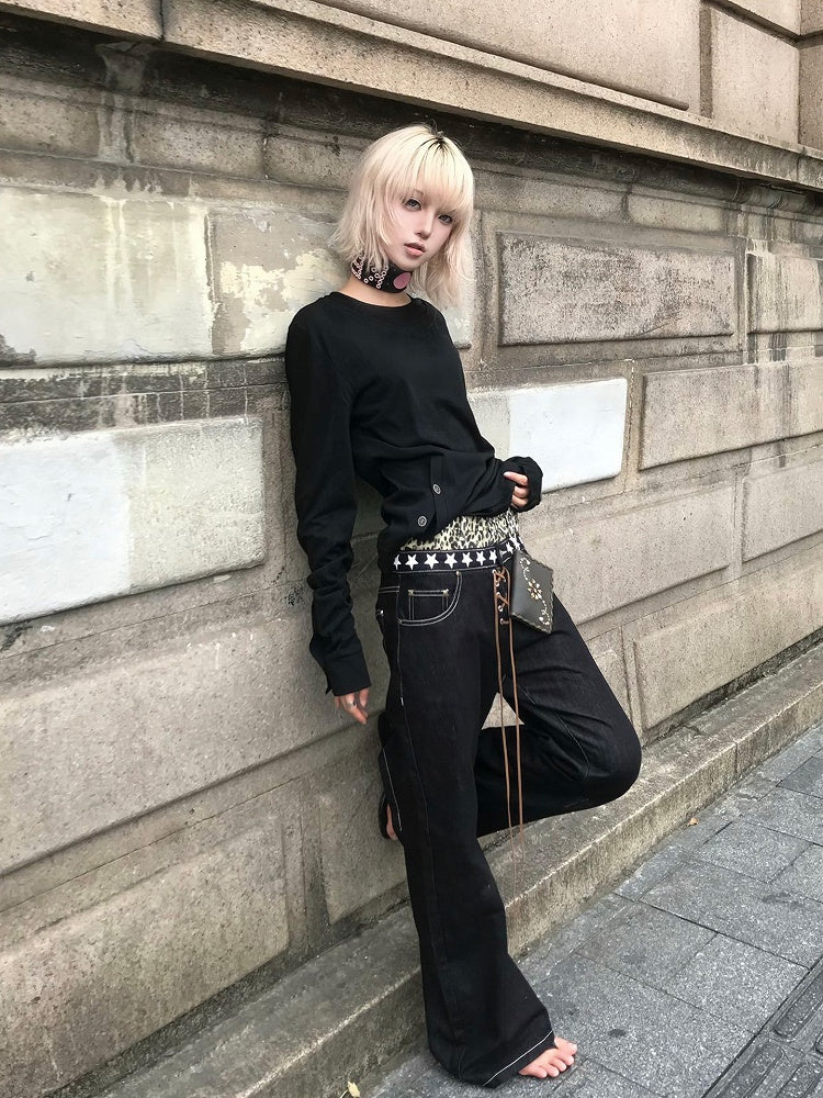 Black Button Details Crewneck Sweatshirt with in