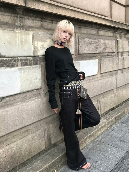 Black Button Details Crewneck Sweatshirt with in