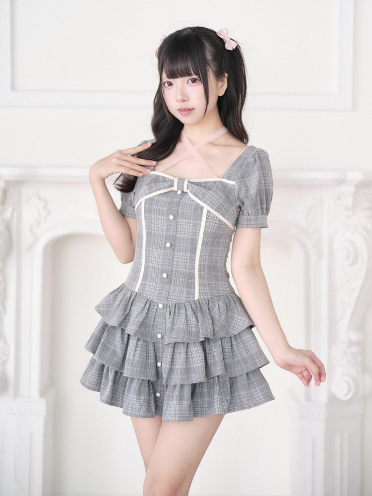 Gray Plaid Halter Tiered Ruffle Dress and Shorts Ensemble - No Genki