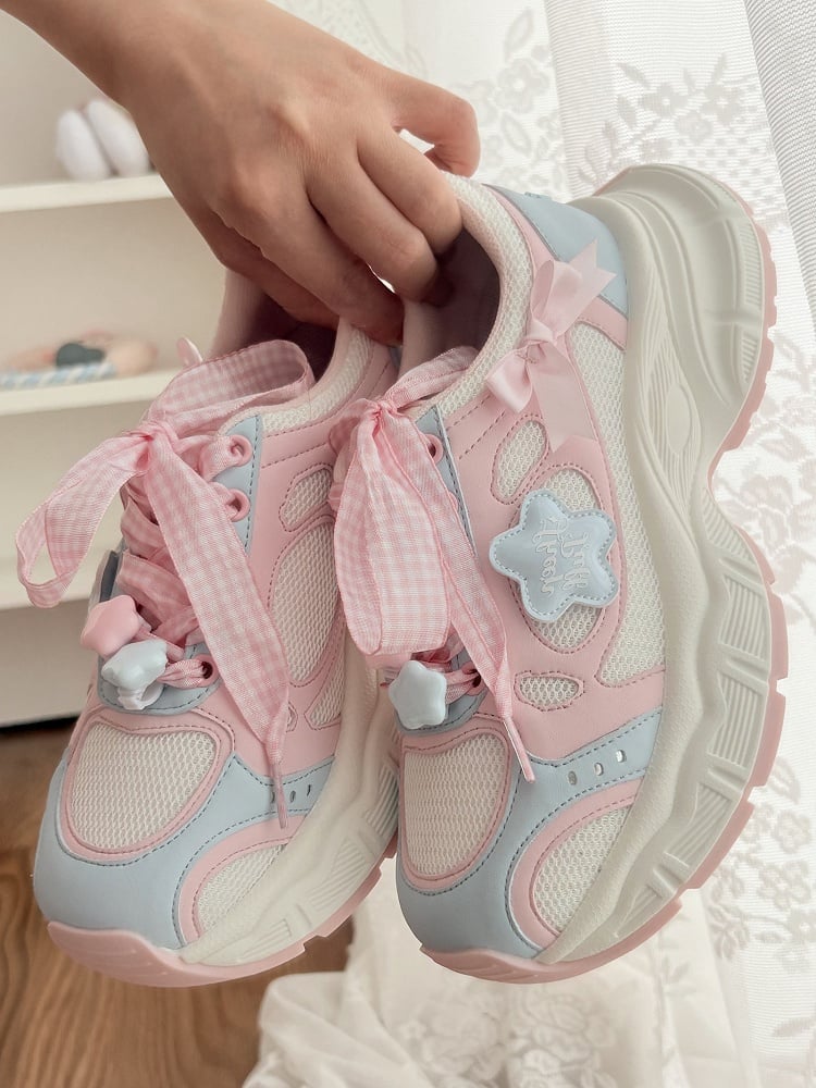 Sneakers Lolita Pink Pattern Plaid Sweet - Lace-Up Blue Closure