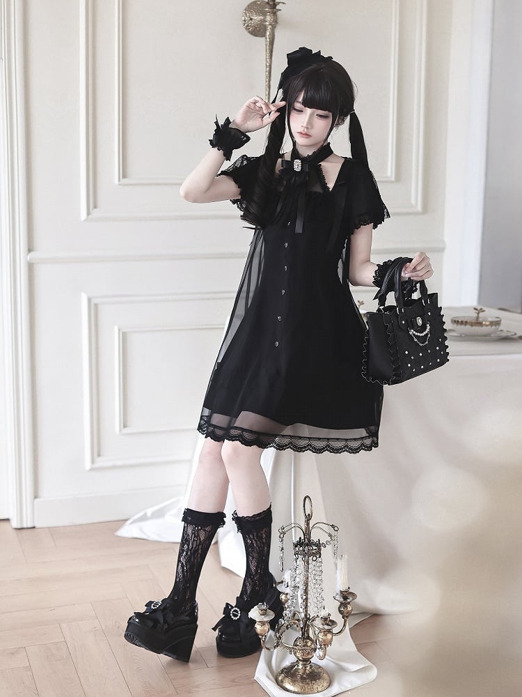 Gothic Halter Dress with Lace and Bow Details - Ekomi