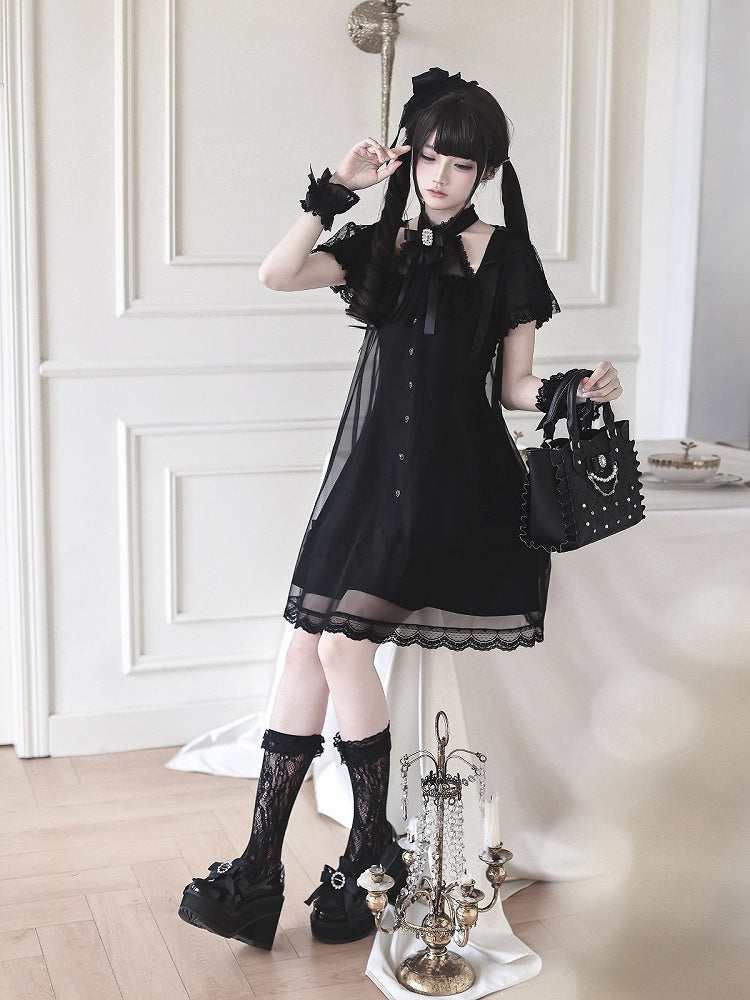 Gothic Halter Dress with Sheer Panels & Bow Accents - Ekomi