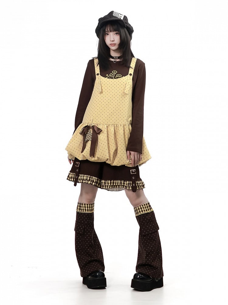 Kawaii Yellow Polka Dot Bubble Overall Skirt with Star Bow Charms - PINK SAVIOR