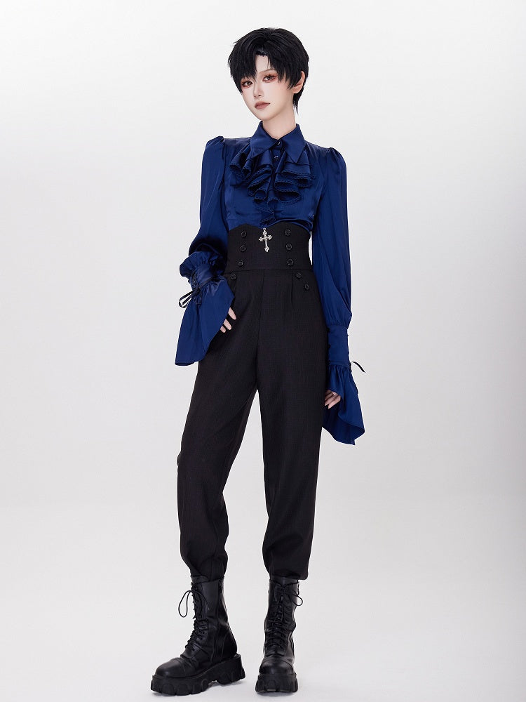 Shimmering Black High-Rise Ouji Pants with Silver Cross Buttons - DevilInspired Exclusive Collection